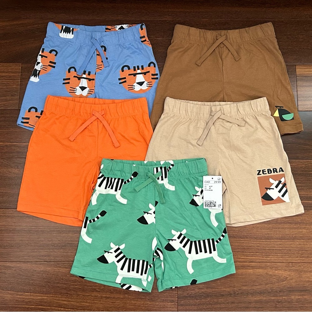 BNWT H&M Kids Tiger & Zebra Cotton Shorts Pack - Blue, Orange, Green, Brown, Tan